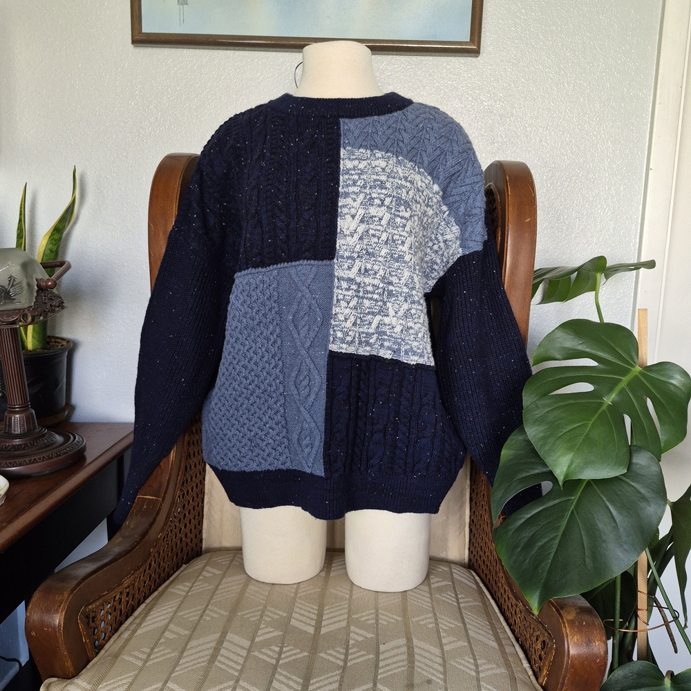 Lands' End Men's Blue Patchwork Crewneck Sweater
